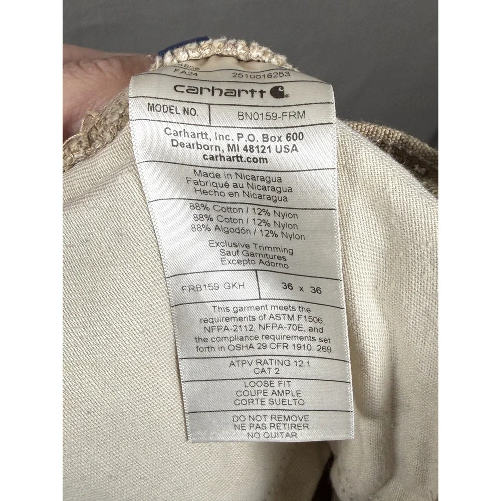Carhartt FR Flame Resistant Pants Mens 36x36Tan Loose Fit Canvas Work Trousers